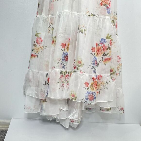 Mac Duggal 67940 Size 0 Floral Print Cutout Waist Tiered White Multicolor Dress - Picture 5 of 9